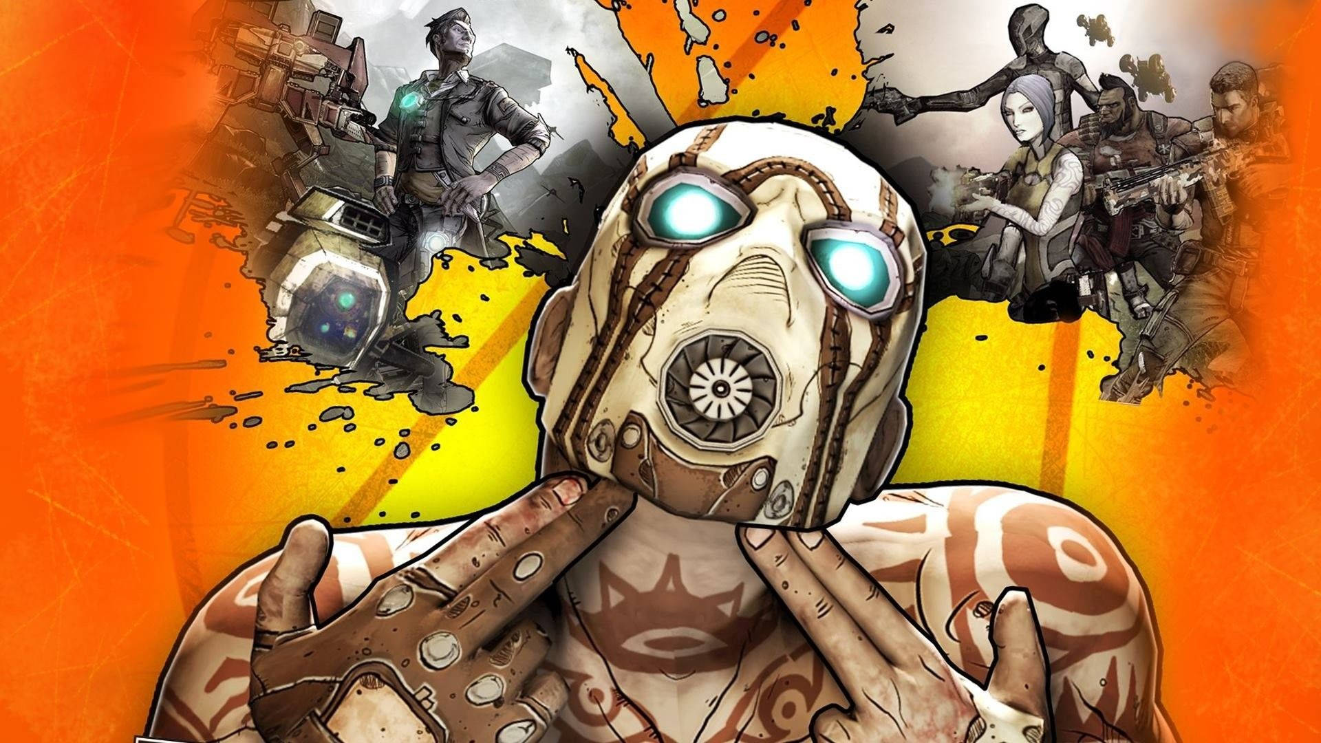 Borderlands 桌布 壁紙 — 一個風格化的插圖，描繪一個戴面具的角色，眼睛發光，被武裝人物包圍，背景是火熱的橙色和黃色。