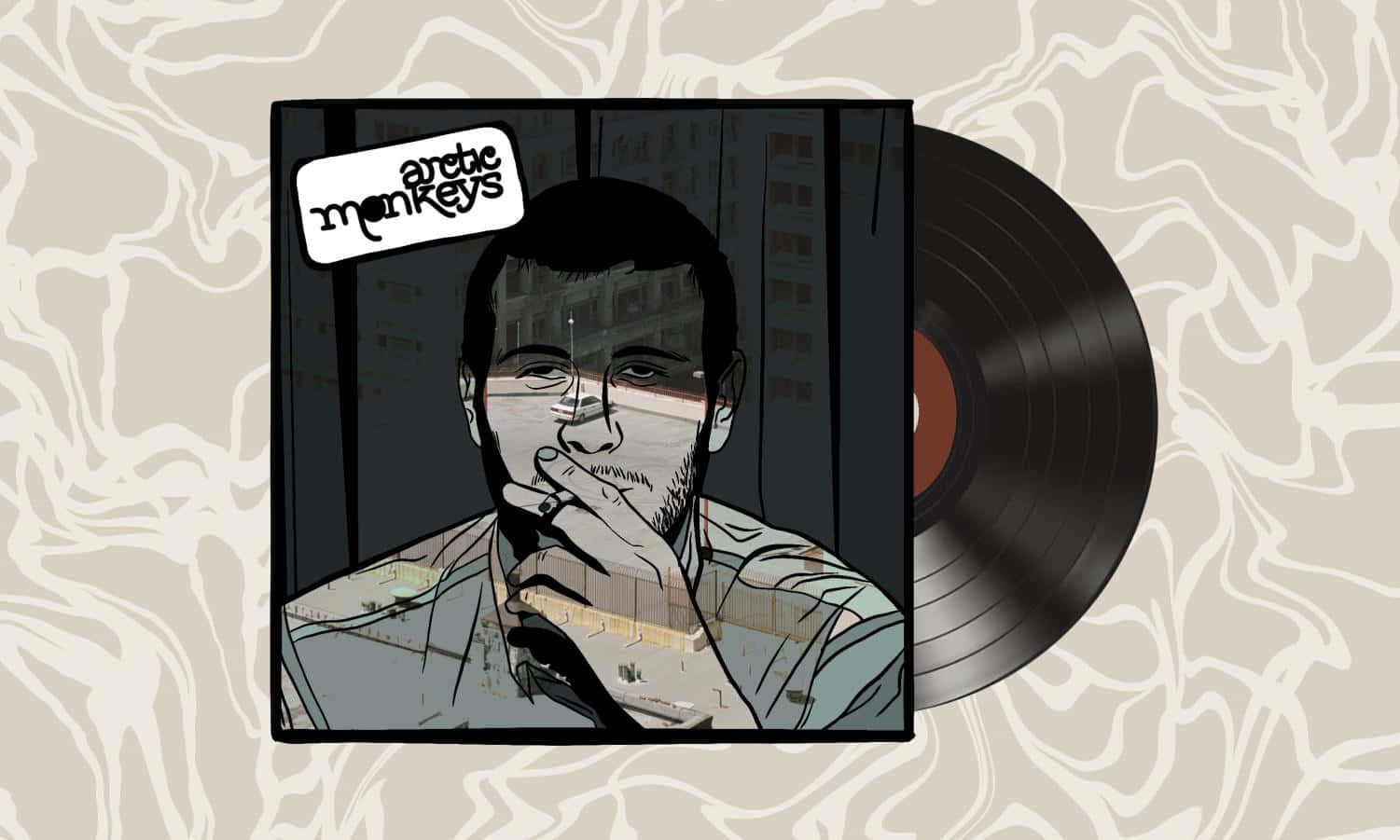 Cover Art 桌布 壁紙 — 一個風格化的插圖，描繪一個抽煙的男人，旁邊有一張黑膠唱片，背景是大理石紋理。
