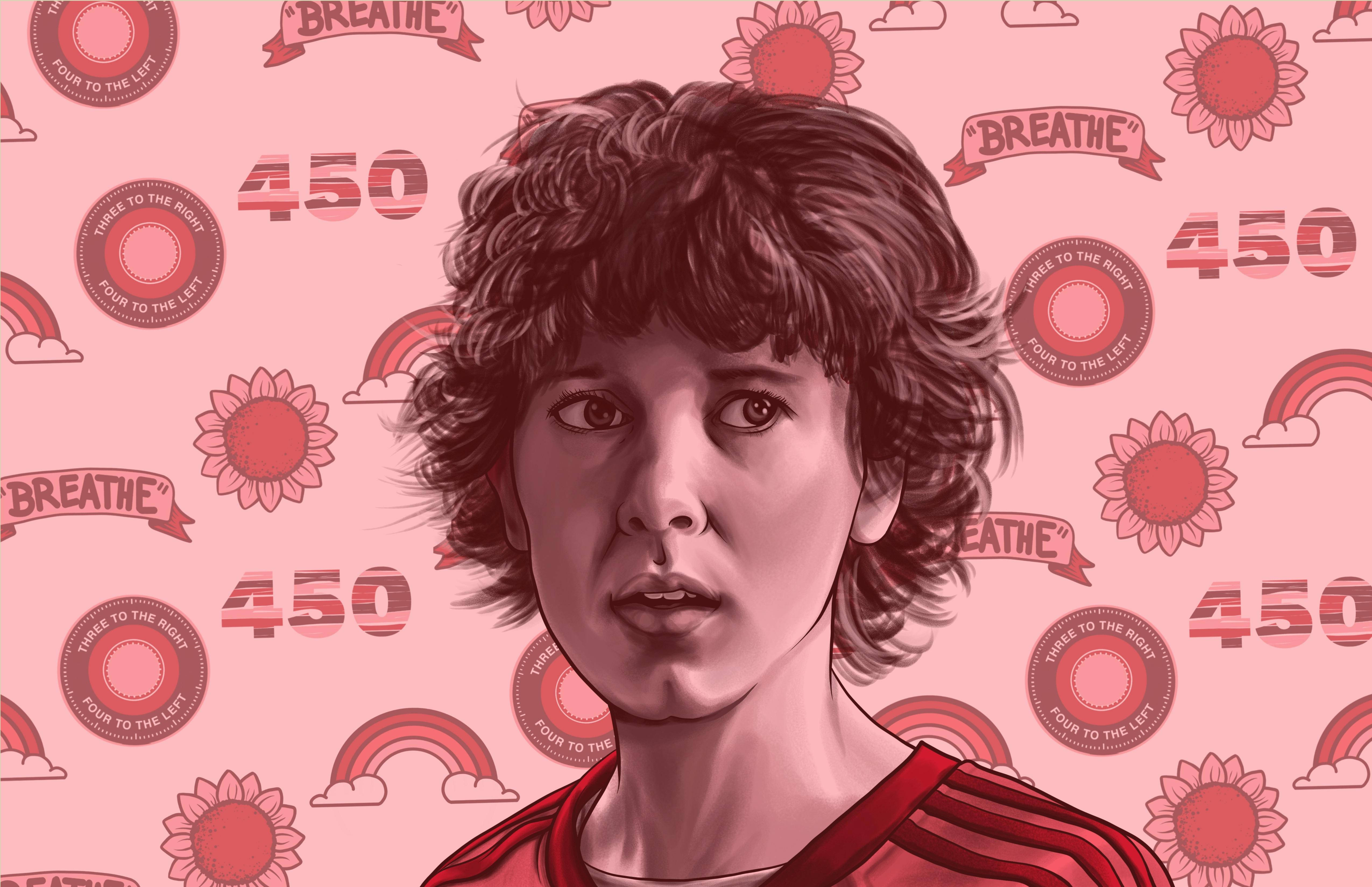 Aesthetic Stranger Things Eleven 桌布 壁紙 — 一個風格化的插圖，描繪一個捲髮小男孩，背景是粉紅色，帶有向日葵、彩虹和文字的圖案。