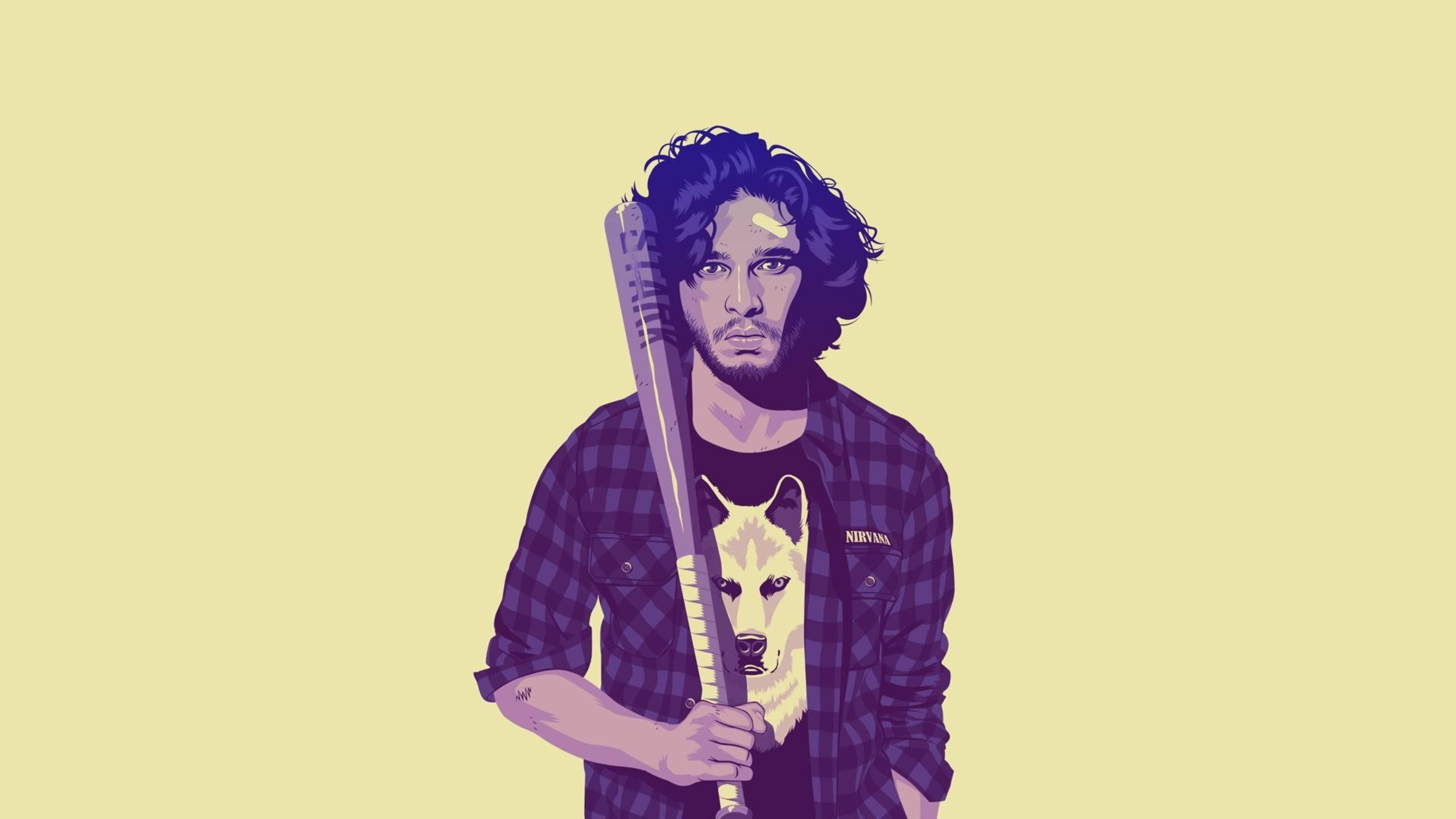 House Stark 桌布 壁紙 — 一個風格化的插圖，描繪一個捲髮男子在淡黃色背景前拿著棒球棍。