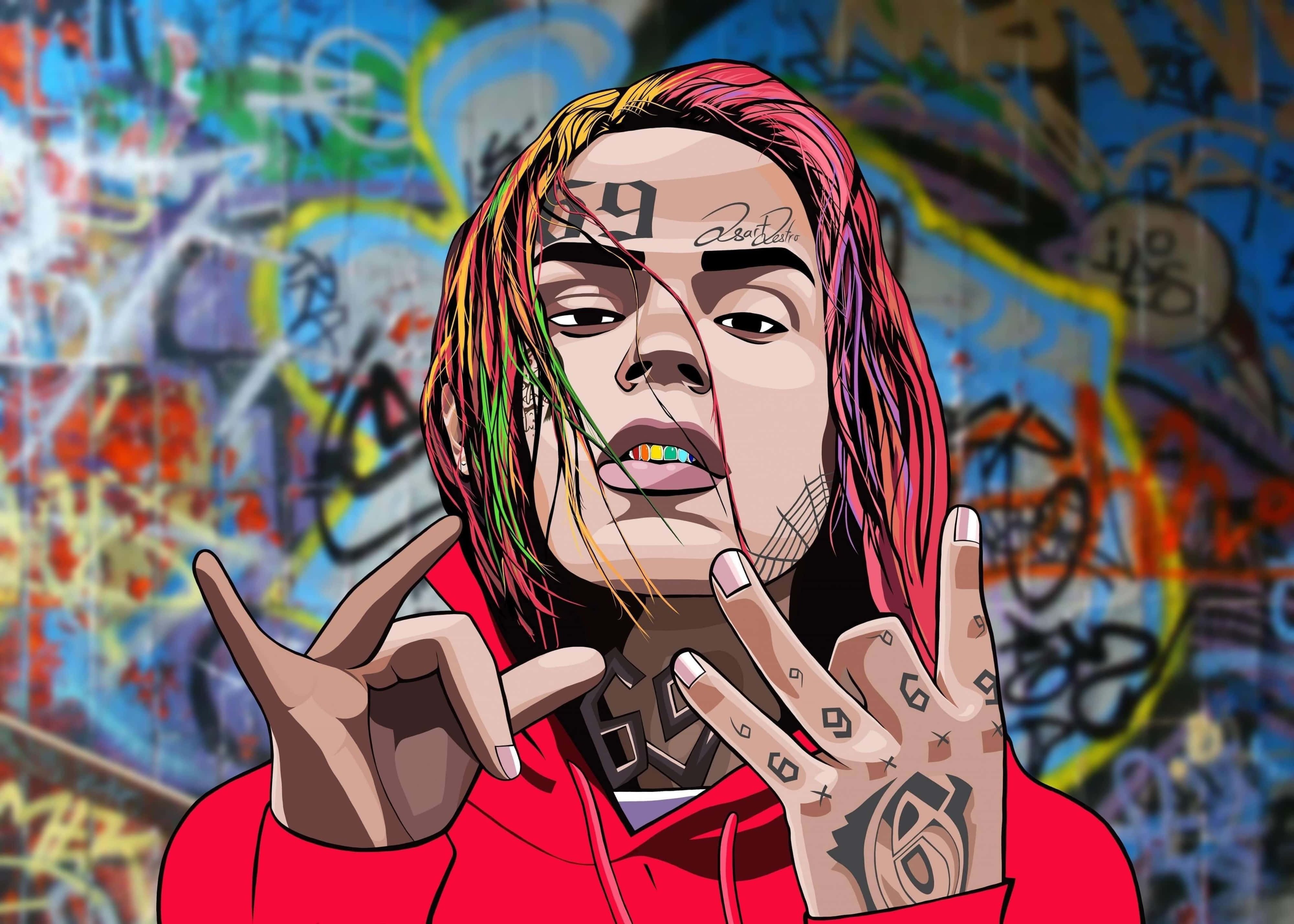 4K Rapper 桌布 壁紙 — 一個風格化的插圖，描繪一個擁有彩虹頭髮和刺青的人，在佈滿塗鴉的牆前做手勢。