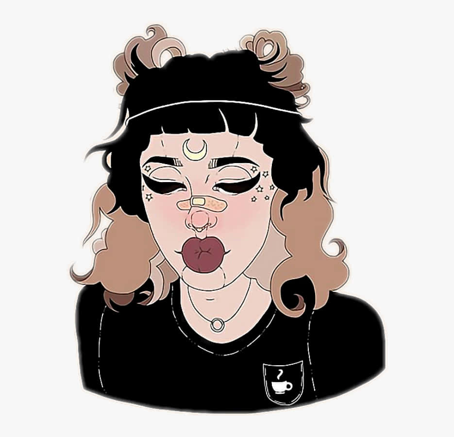 Tumblr 桌布 壁紙 — 一個風格化的插圖，描繪一個擁有捲髮、月亮刺青和咖啡主題襯衫的女孩在飛吻。