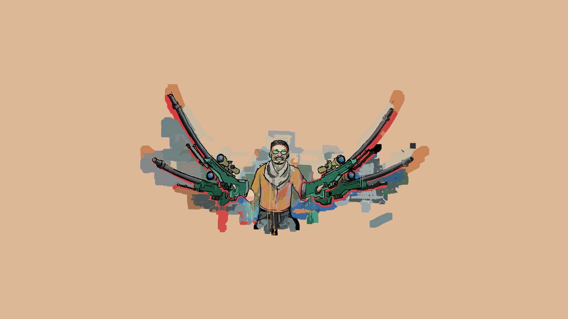 背景 桌布 壁紙 — 一個風格化的插圖，描繪一個擁有機械手臂的男人在柔和的米色背景上持槍。