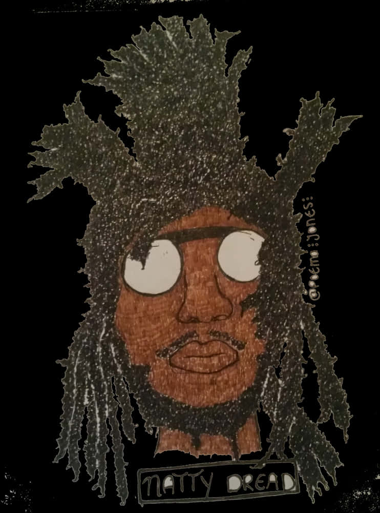 Dreadlocks 桌布 壁紙 — 一個風格化的插圖，描繪一個擁有狂野辮子和白色大眼睛的男人，背景為黑色。