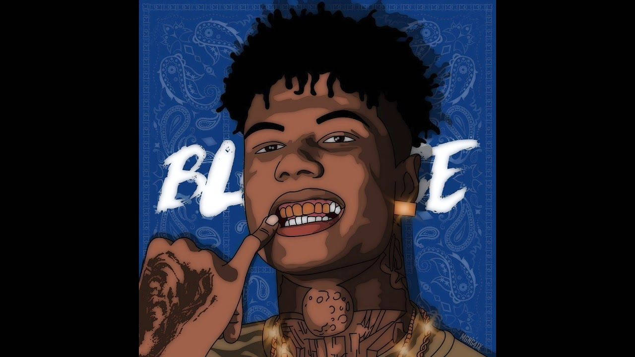 Celebrity 桌布 壁紙 — 一個風格化的插圖，描繪一個有刺青的男人，背景是頭巾，指著自己的牙齒，並帶有「藍色」這個詞。