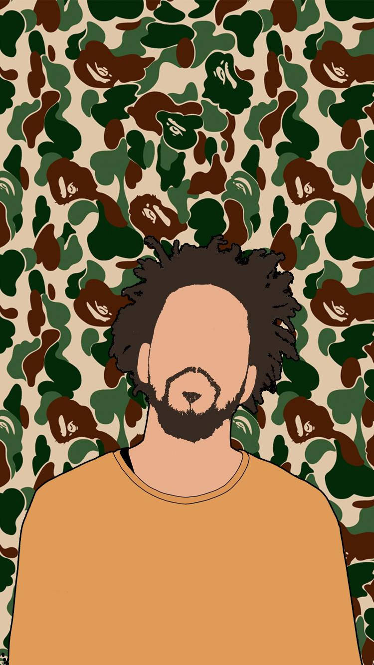 J 桌布 壁紙 — 一個風格化的插圖，描繪一個有捲髮和鬍鬚的男人，背景是迷彩圖案。