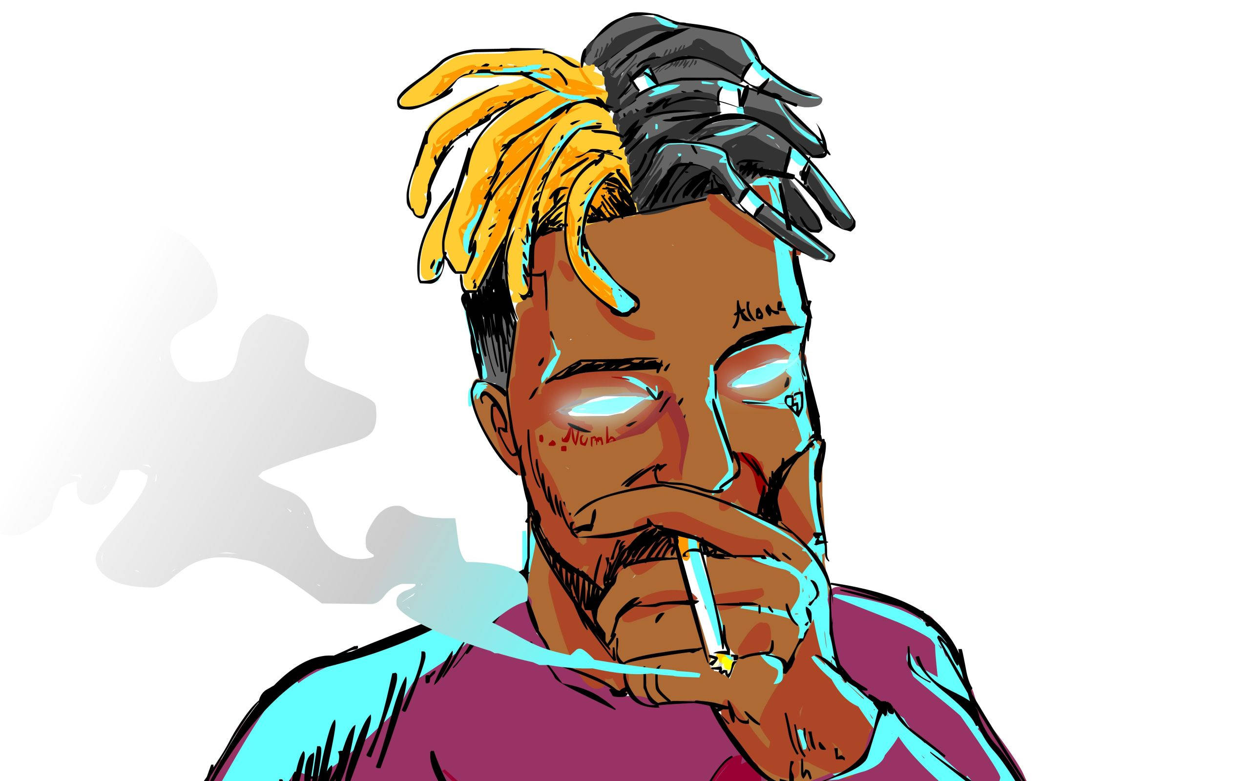 xxxtentacion 動畫 桌布 壁紙 — 一個風格化的插圖，描繪一個有雙色辮子頭的男人吸煙，煙霧從他嘴裡繚繞。