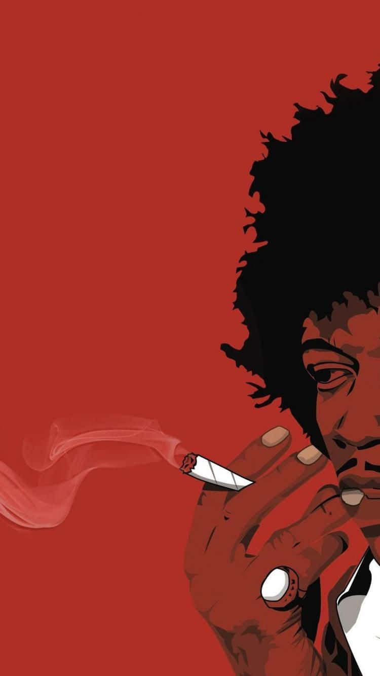 迷幻 桌布 壁紙 — 一個風格化的插圖，描繪一個有非洲式髮型的男人在純紅色背景上吸煙。