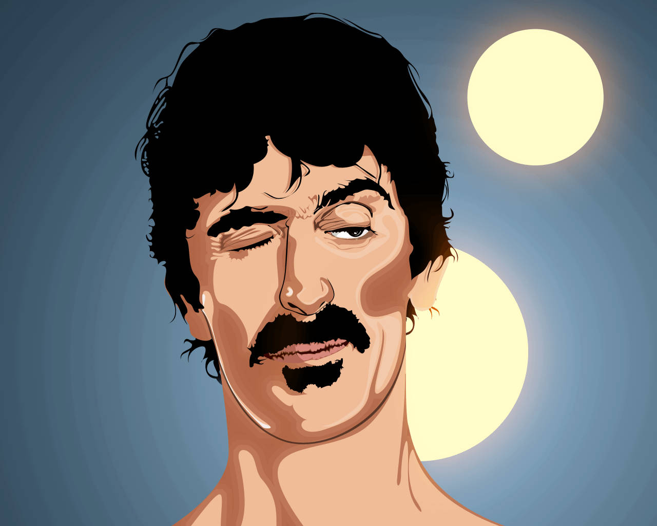 Zappa 桌布 壁紙 — 一個風格化的插圖，描繪一個深色捲髮和鬍子的男人在藍色背景上眨眼，背景有發光的球體。