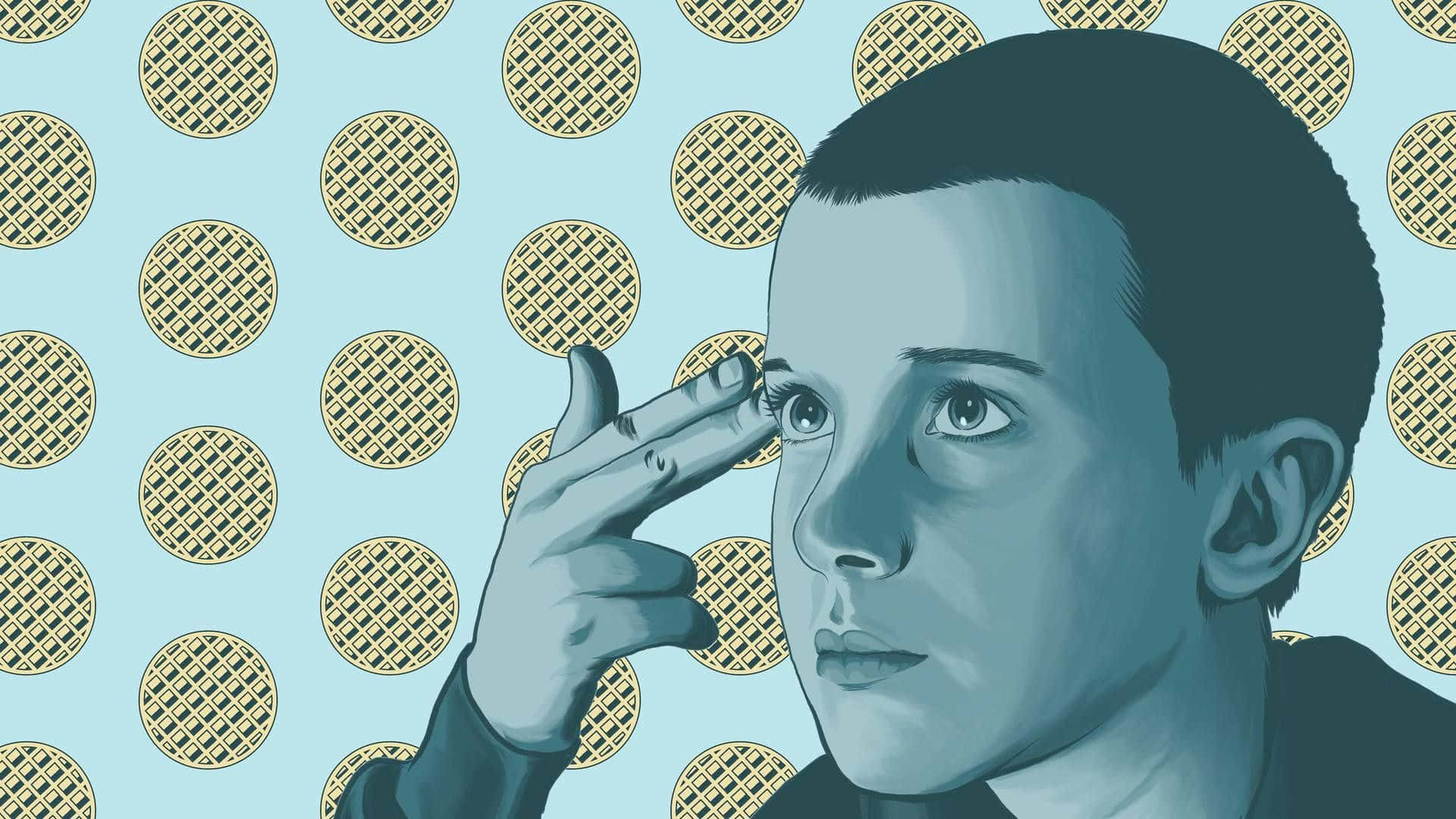 怪奇物語 桌布 壁紙 — 一個風格化的插圖，描繪一個深色頭髮的小男孩在淺藍色背景上做出手槍手勢，背景有重複的金色圓形圖案。