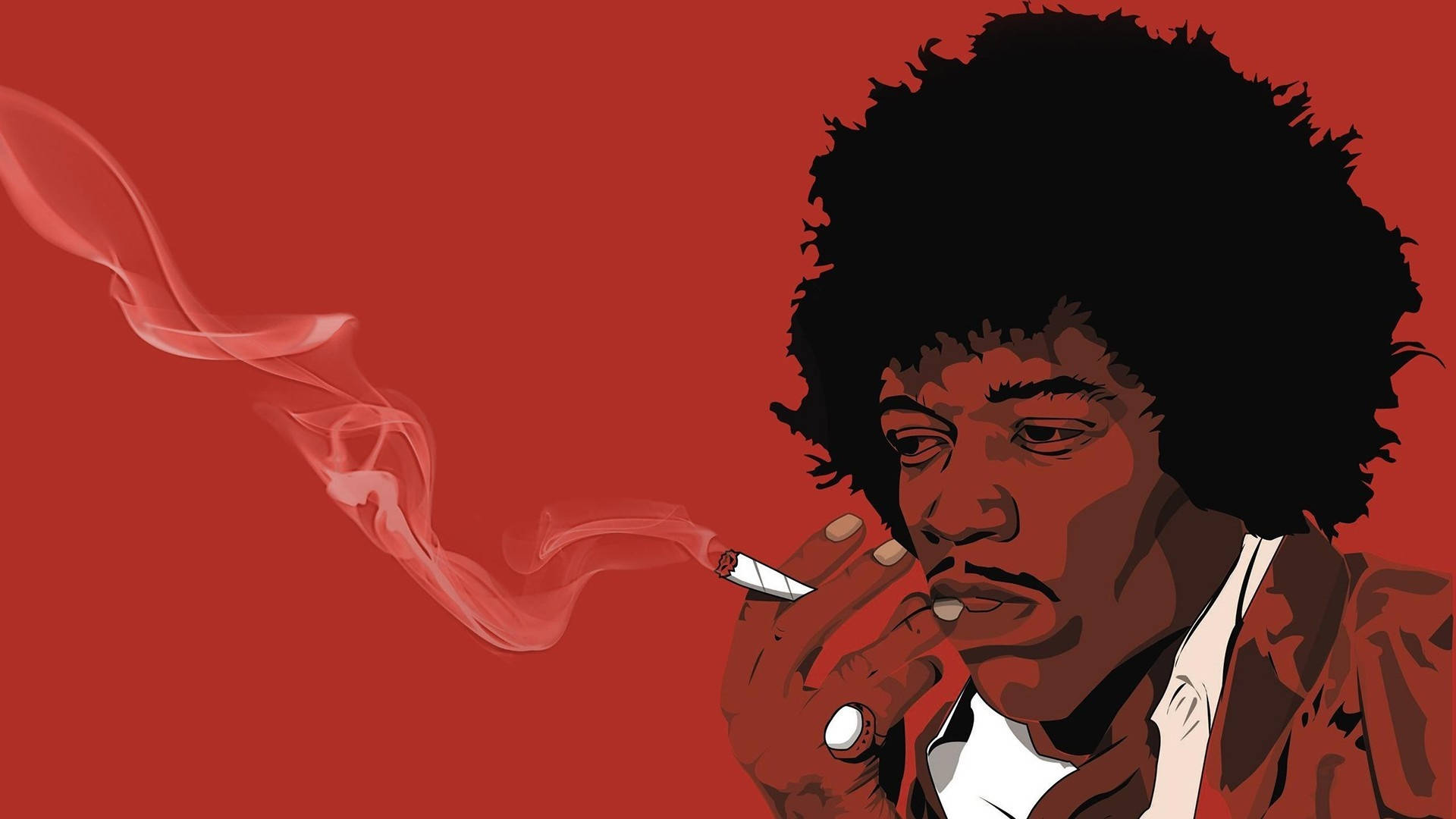 80s Rock 桌布 壁紙 — 一個風格化的插圖，描繪一個爆炸頭髮型的男人在純紅色背景上抽煙，煙霧繚繞。