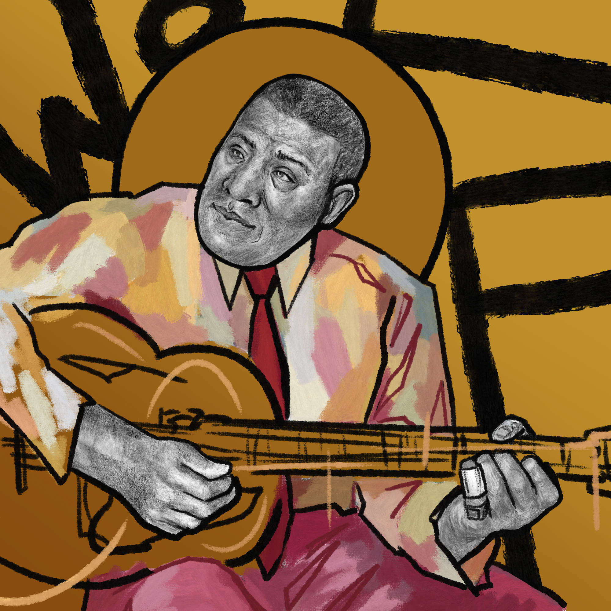artist 桌布 壁紙 — 一個風格化的插圖，描繪一個男人在金色背景下彈吉他，帶有粗黑輪廓和溫暖的色彩渲染。