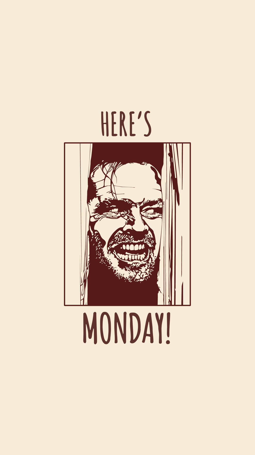 有趣美學GIF 桌布 壁紙 — 一個風格化的插圖，描繪一個男人憤怒的臉透過窗戶窺視，上下方有文字「這裡是星期一！」。