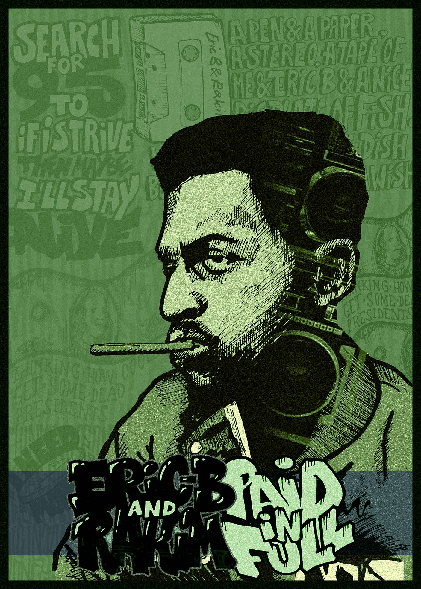 Rappers 桌布 壁紙 — 一個風格化的插圖，描繪一個男人拿著手提音響和香煙，背景是充滿塗鴉文字的綠色背景。
