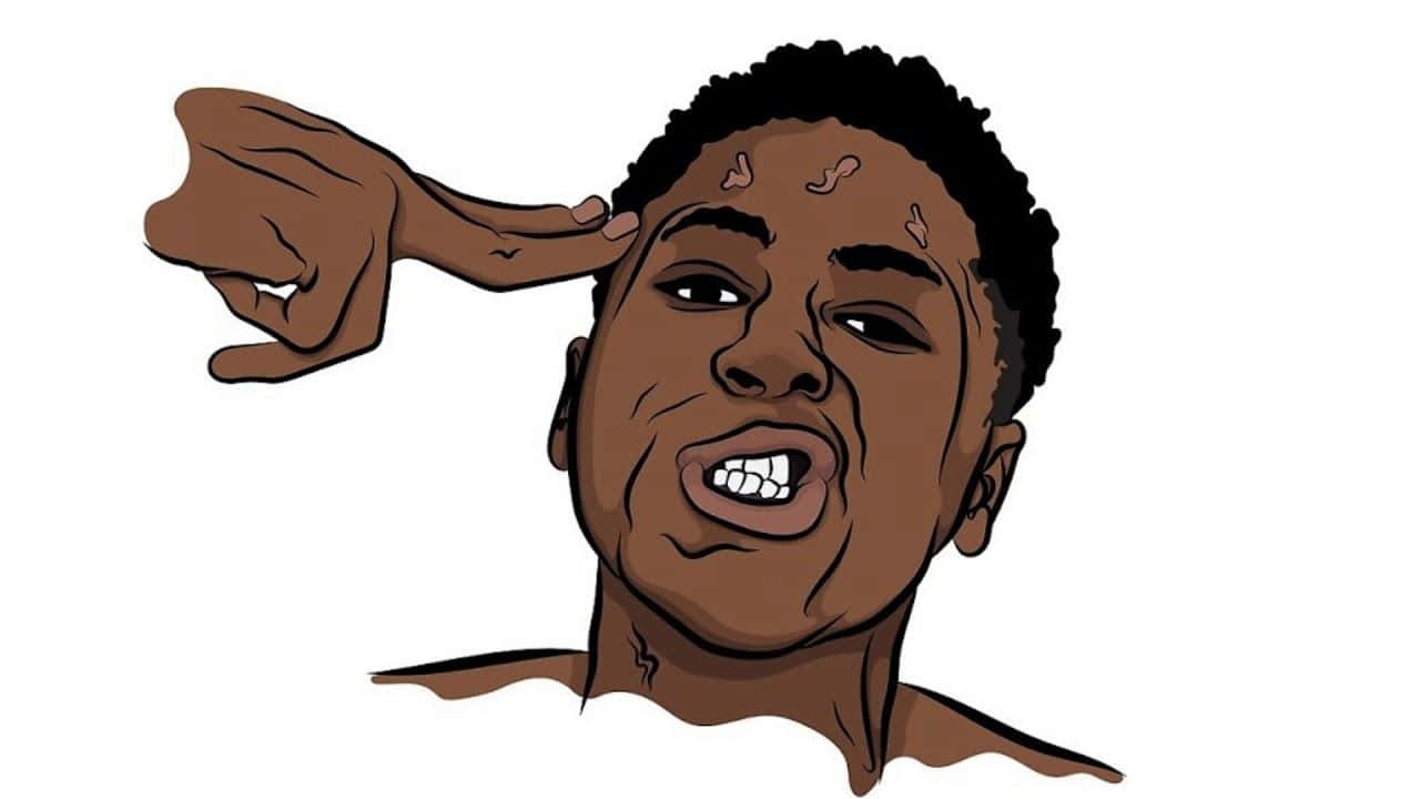 NBA YoungBoy 桌布 壁紙 — 一個風格化的插圖，描繪一個男人用手拉自己的耳朵，面露痛苦表情。