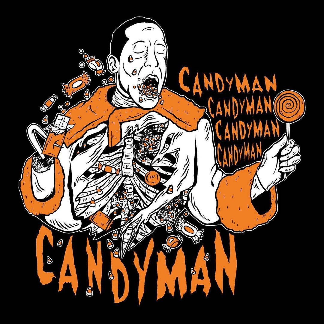 Candyman 桌布 壁紙 — 一個風格化的插圖，描繪一個男人身體和嘴巴噴出糖果，背景為黑色。