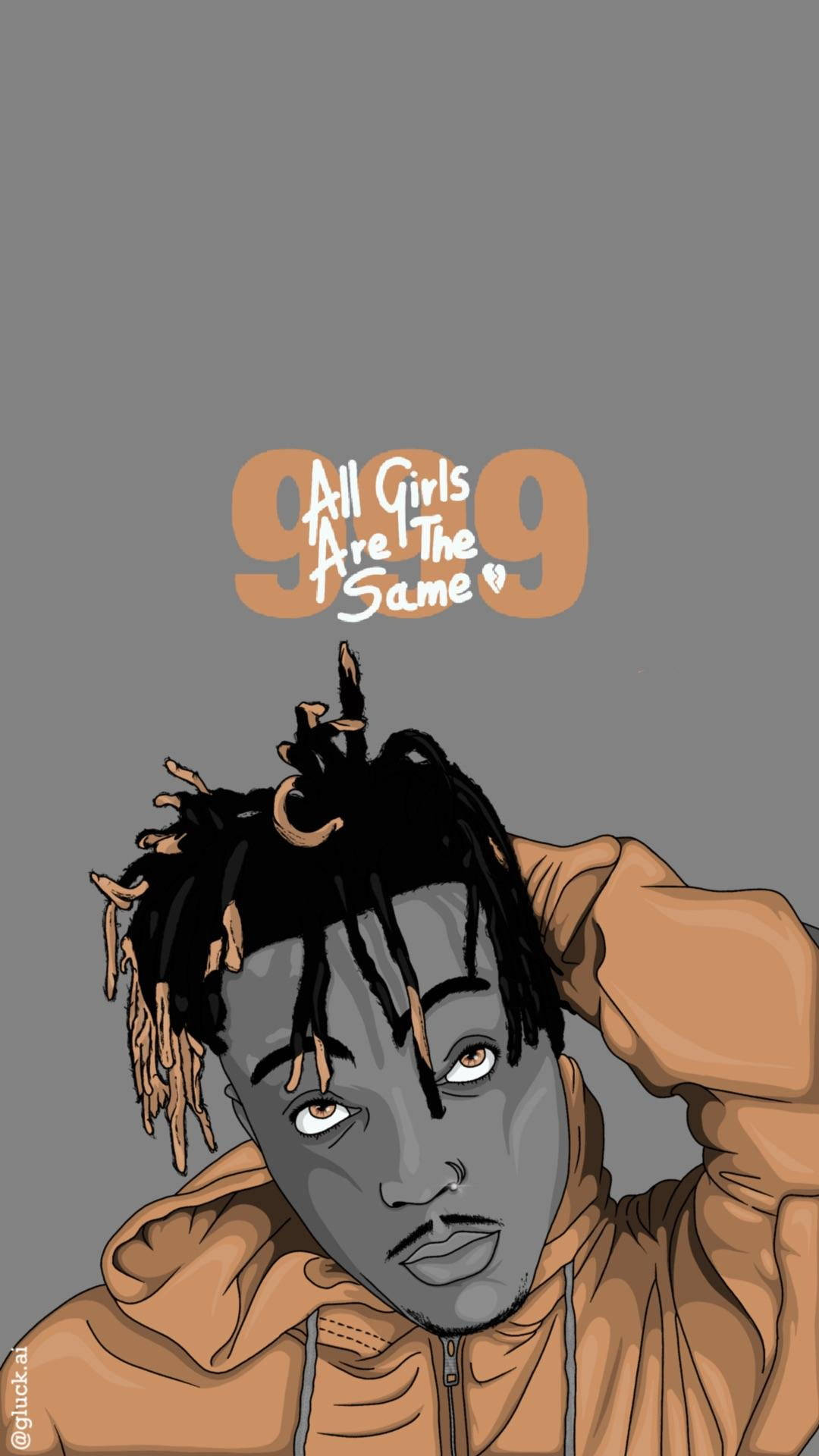 Juice Wrld Desktop 桌布 壁紙 — 一個風格化的插圖，描繪一個留著辮子的男人穿著棕色連帽衫，背景為灰色，上面有文字「999 All Girls Are The Same」。