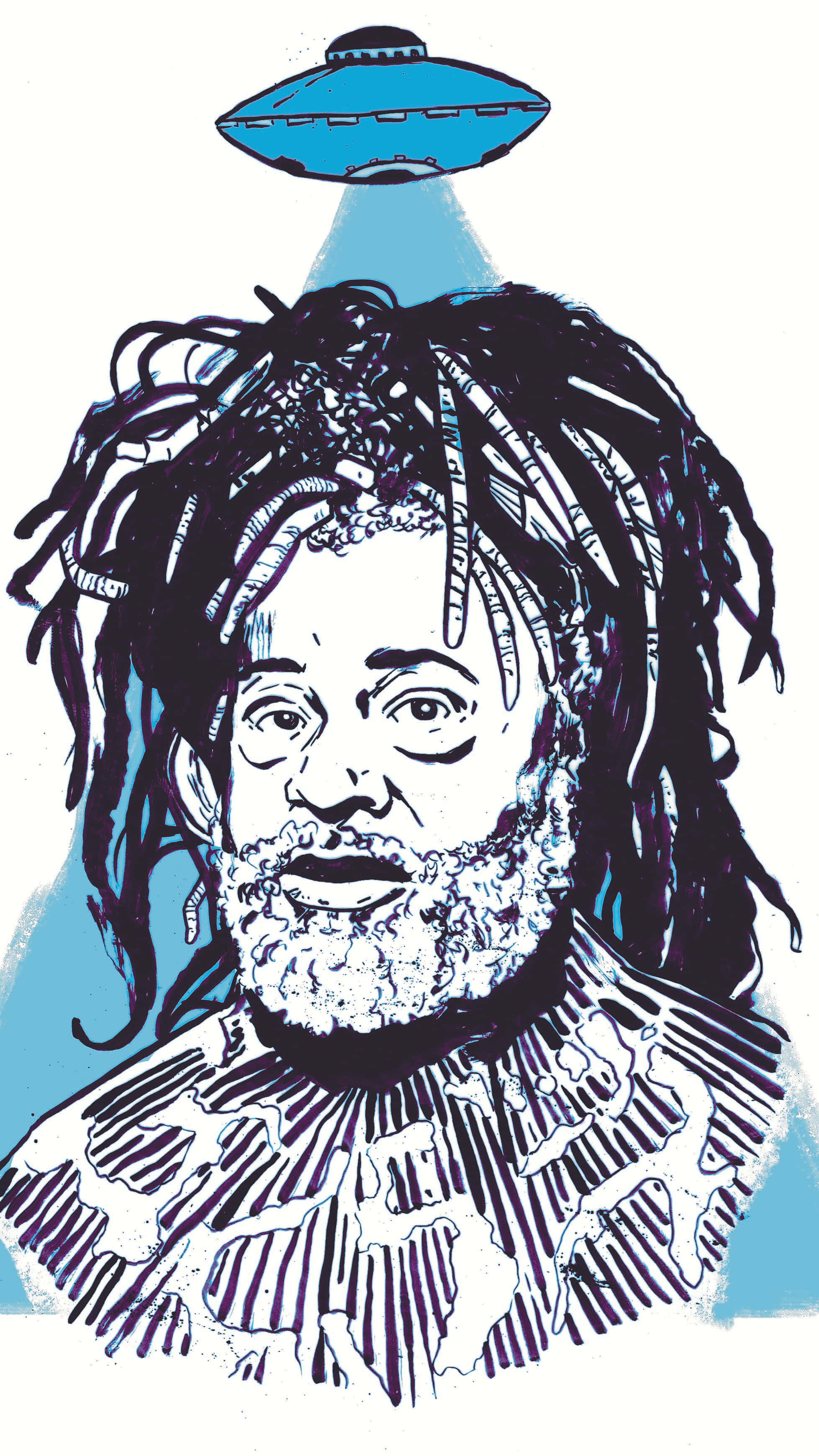 Celebrity 桌布 壁紙 — 一個風格化的插圖，描繪一個留著辮子鬍鬚的男人，頭頂上有一架UFO懸浮並發出光束。