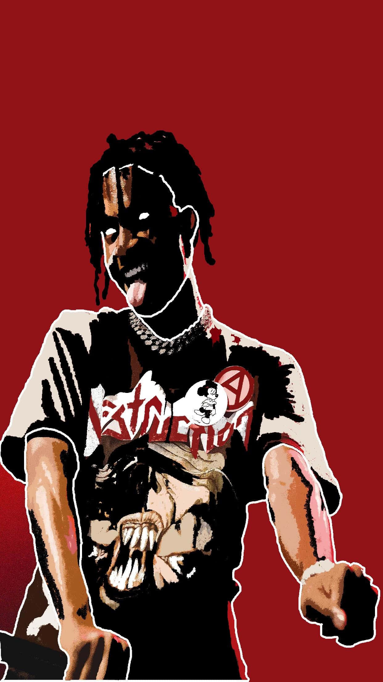 Playboi Carti HD 桌布 壁紙 — 一個風格化的插圖，描繪一個留著辮子頭的男人在純紅色背景上伸出舌頭。