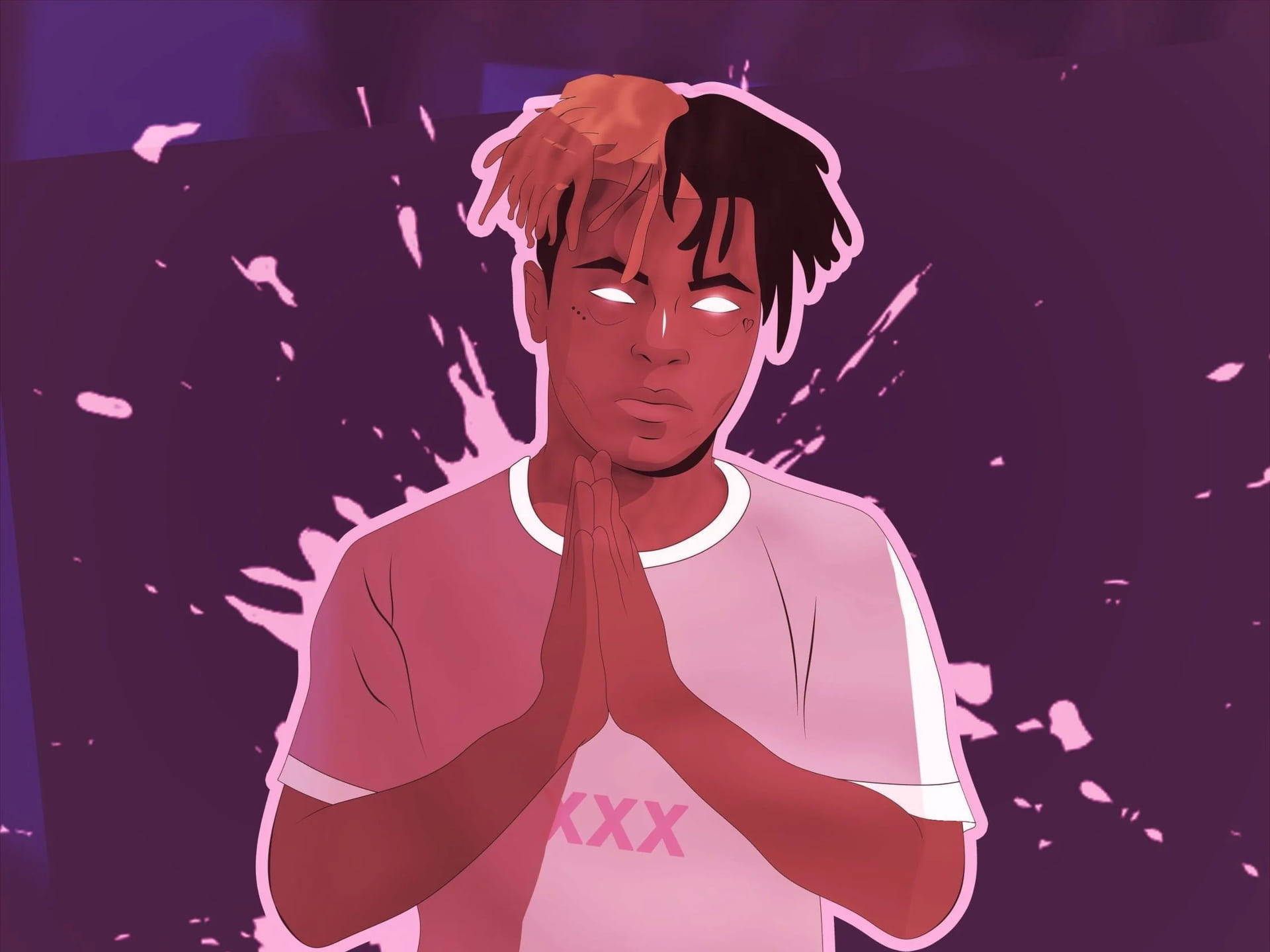 xxxtentacion 電腦 桌布 壁紙 — 一個風格化的插圖，描繪一個發光眼睛和分叉頭髮的人，在紫色潑濺背景中祈禱。