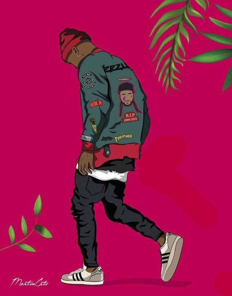 穿著補丁外套的男人在粉紅色背景上與熱帶樹葉一起行走。 — 超炫動圖 壁紙