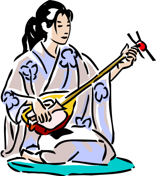 Geisha 桌布 壁紙 — 一個風格化的插圖，描繪一個穿著傳統長袍的人在黑色背景前演奏弦樂器。