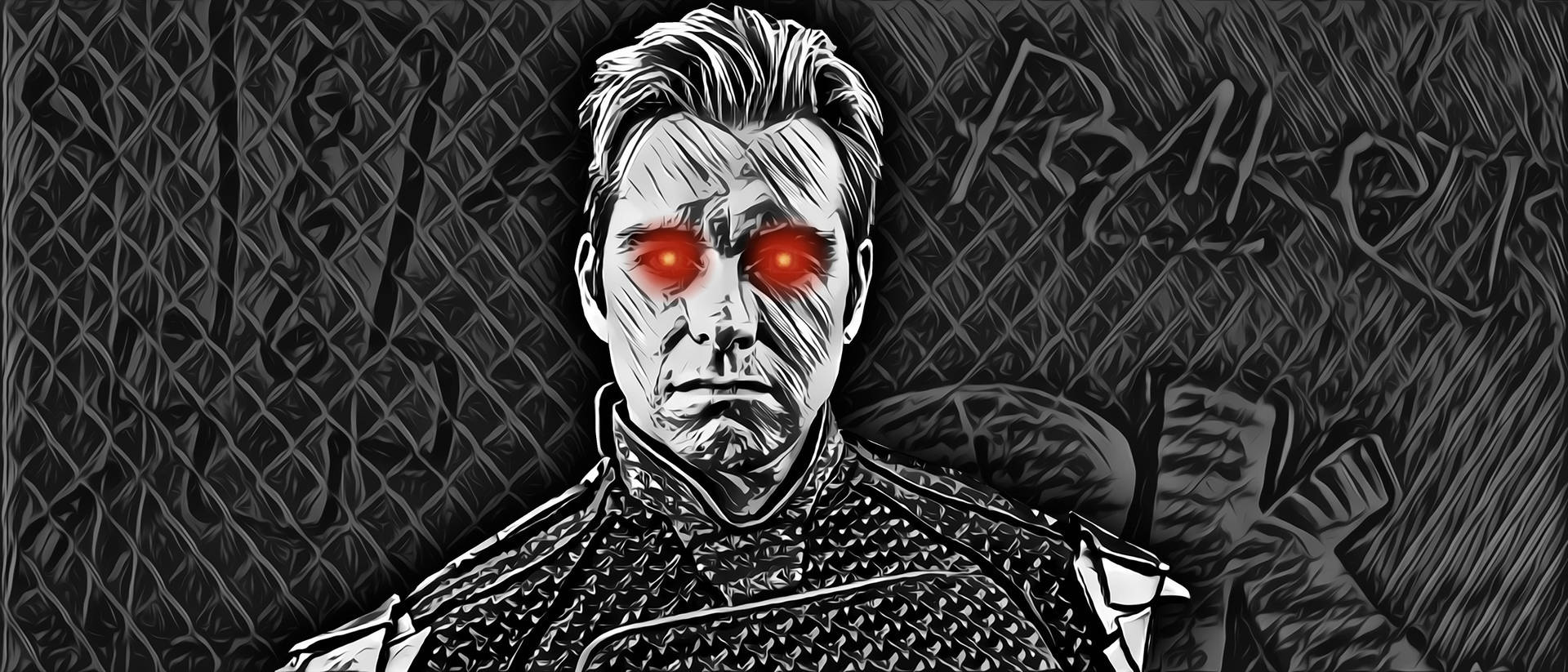 穿著盔甲、眼睛發出紅光的男人，處於深色紋理環境中。 — 黑袍糾察隊 GIF 壁紙