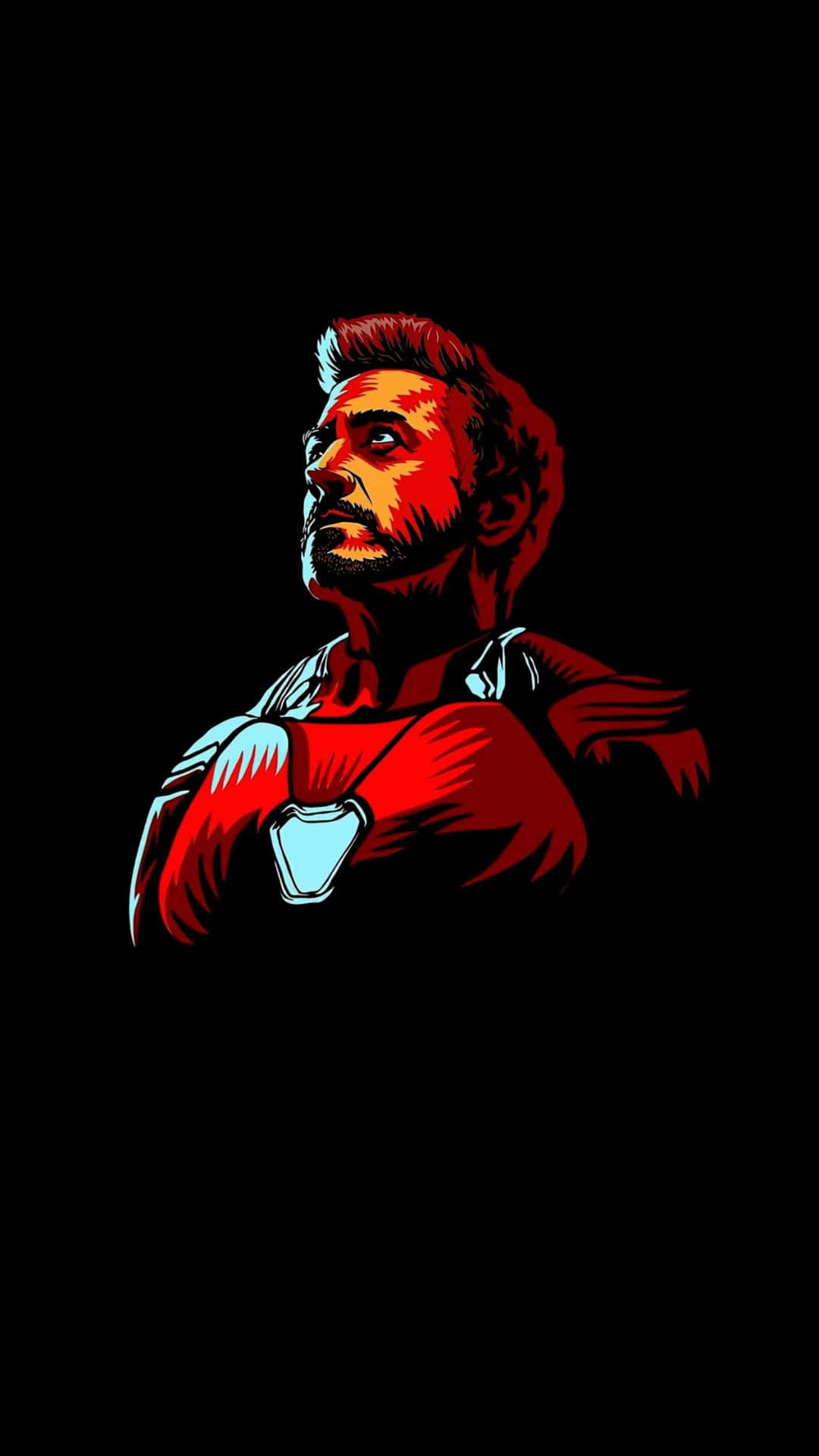 Android Iron Man 桌布 壁紙 — 一個風格化的插圖，描繪一個穿著紅色西裝、胸前有發光弧形反應器的男人，背景為黑色。