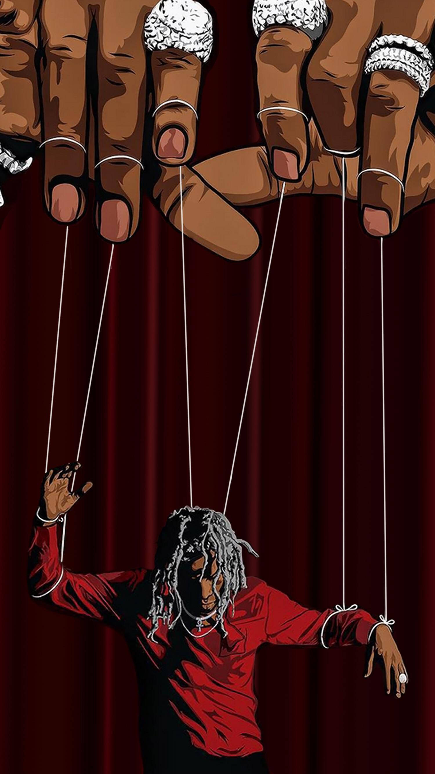 Thug 桌布 壁紙 — 一個風格化的插圖，描繪一個穿著紅色襯衫、梳著辮子的人，被戴著鑽石戒指的大手操控，背景是深紅色窗簾。