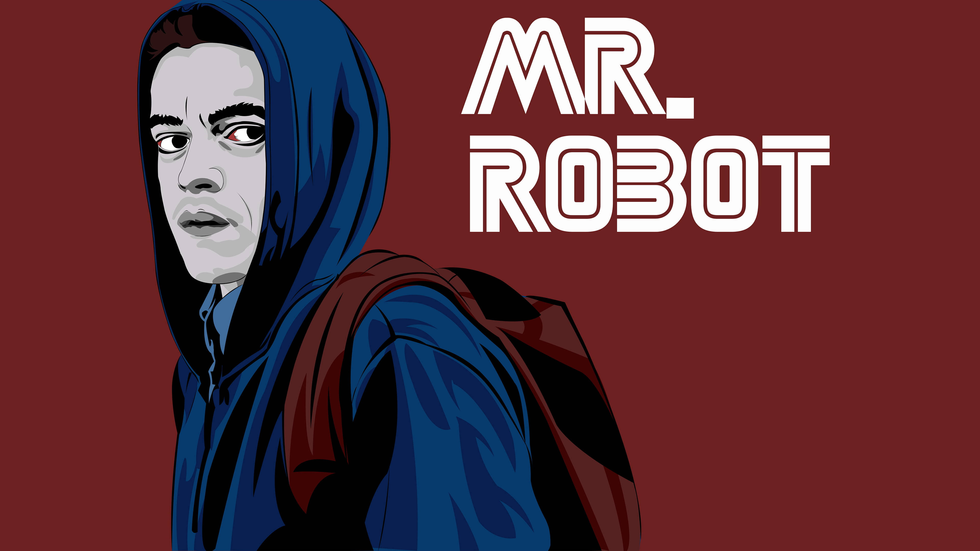Mr Robot 桌布 壁紙 — 一個風格化的插圖，描繪一個穿著藍色連帽衫、紅眼睛的男人，背景為深紅色，帶有「MR. ROBOT」文字。