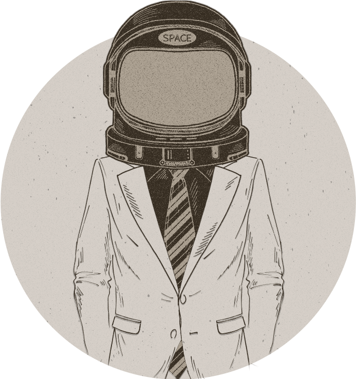 Spaceman 桌布 壁紙 — 一個風格化的插圖，描繪一個穿著西裝的人物，戴著標有 space 的太空頭盔，背景是帶有紋理的圓形。