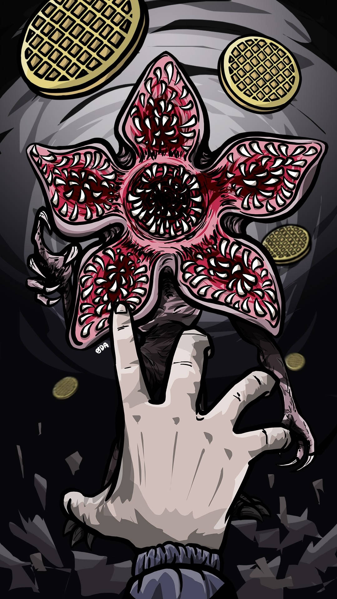 iPhone 桌布 壁紙 — 一個風格化的插圖，描繪一個粉紅色和紅色的花朵狀怪物，下方有一隻人類的手向上伸出，背景為深色並有金幣。