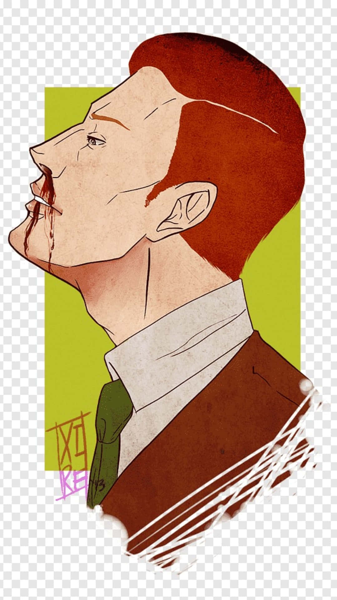 電玩遊戲 桌布 壁紙 — 一個風格化的插圖，描繪一個紅髮男子，嘴巴滴著血，背景為綠色。
