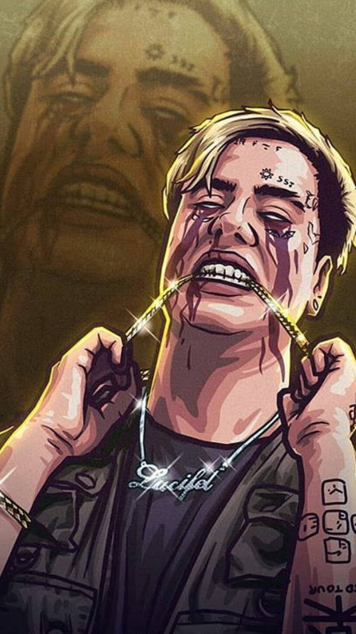 Celebrity 桌布 壁紙 — 一個風格化的插圖，描繪一個紋身男子咬著金鏈，表情痛苦，身後有一個幽靈般的面孔。