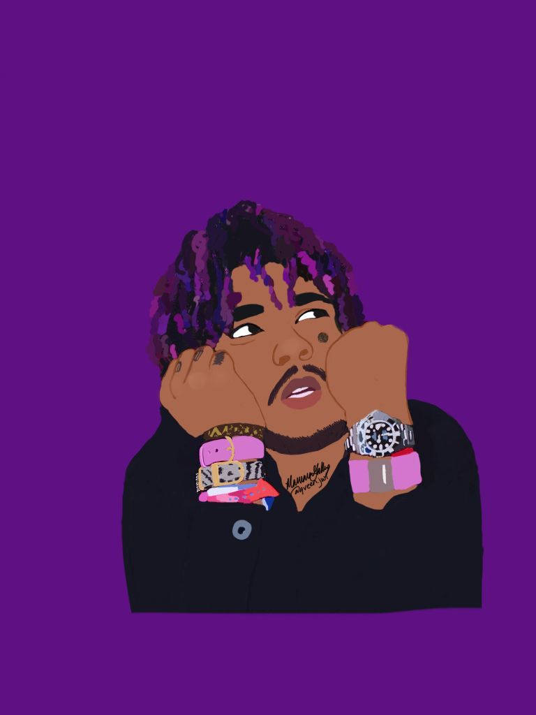 Uzi 桌布 壁紙 — 一個風格化的插圖，描繪一個紫色頭髮的男人在純紫色背景上將頭靠在手上。