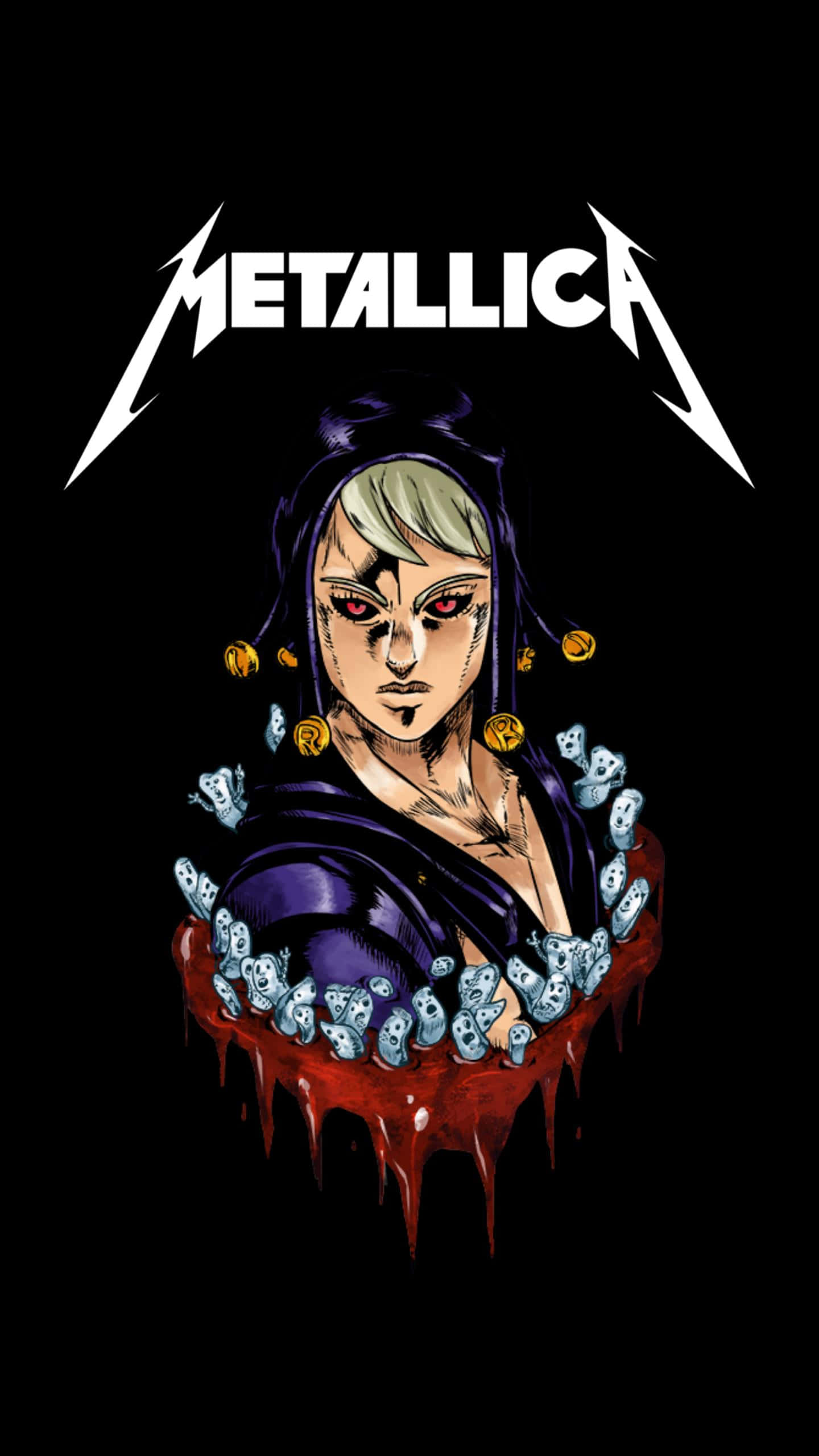 Jojo Meme 桌布 壁紙 — 一個風格化的插圖，描繪一個蒼白面孔、紅眼睛、紫色頭髮的人物，被頭骨和滴落的鮮血包圍，黑色背景上有METALLICA字樣。