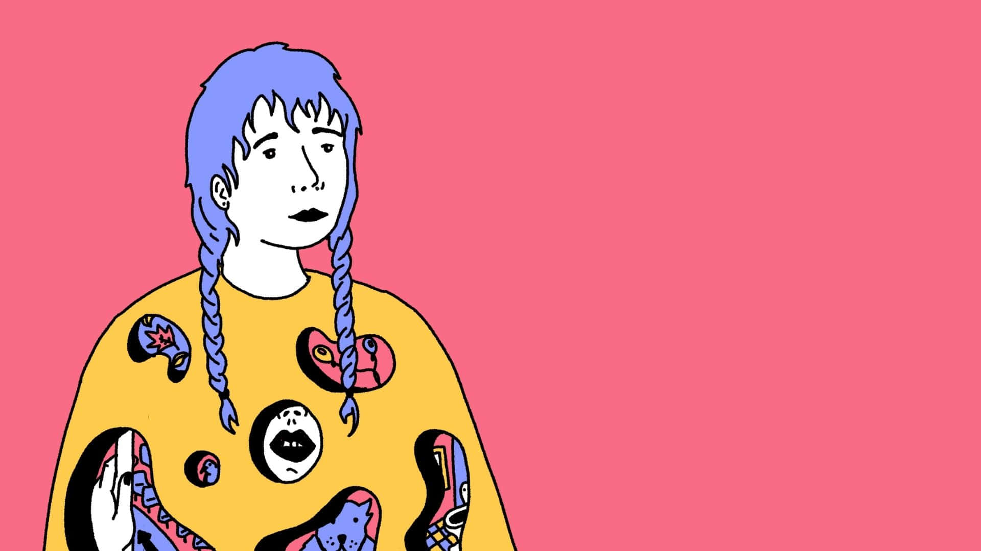 女孩 桌布 壁紙 — 一個風格化的插圖，描繪一個藍色辮子的人穿著一件飾有普普藝術面孔的黃色襯衫，背景為純粉紅色。
