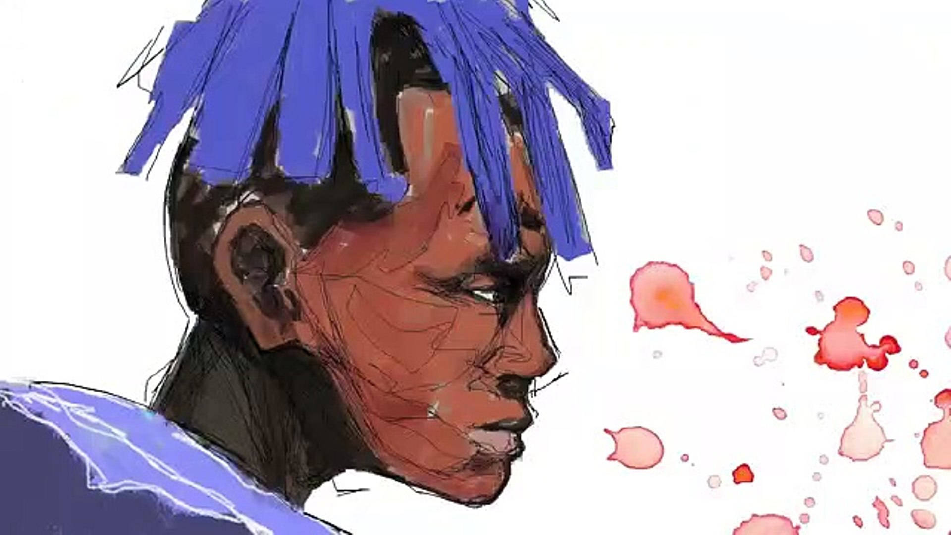 xxxtentacion 動畫 桌布 壁紙 — 一個風格化的插圖，描繪一個藍色頭髮的人對著純白色背景呼出粉紅色煙霧。