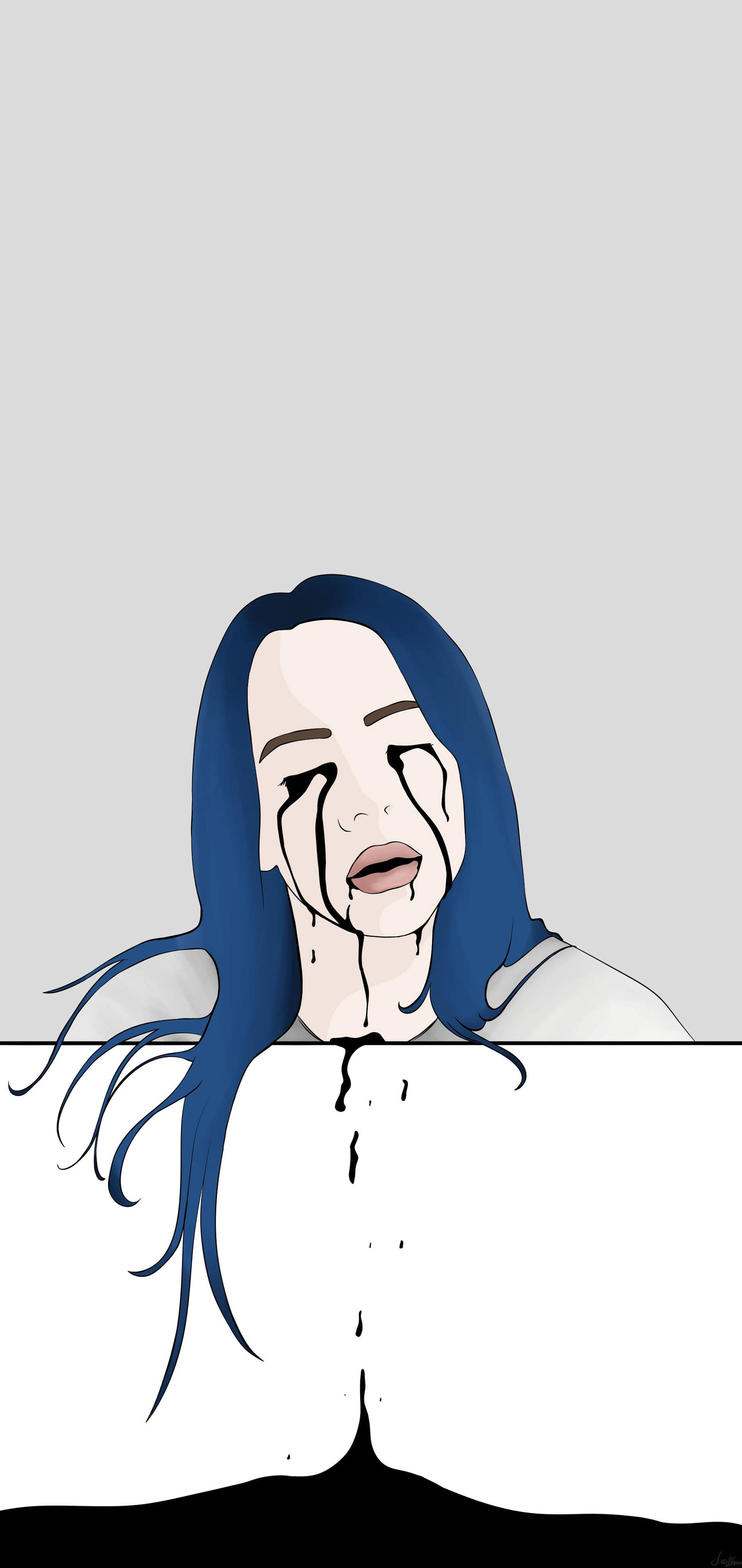 桌布 壁紙 — 一個風格化的插圖，描繪一個藍色頭髮的人在灰色背景的白色表面上流下黑色眼淚。