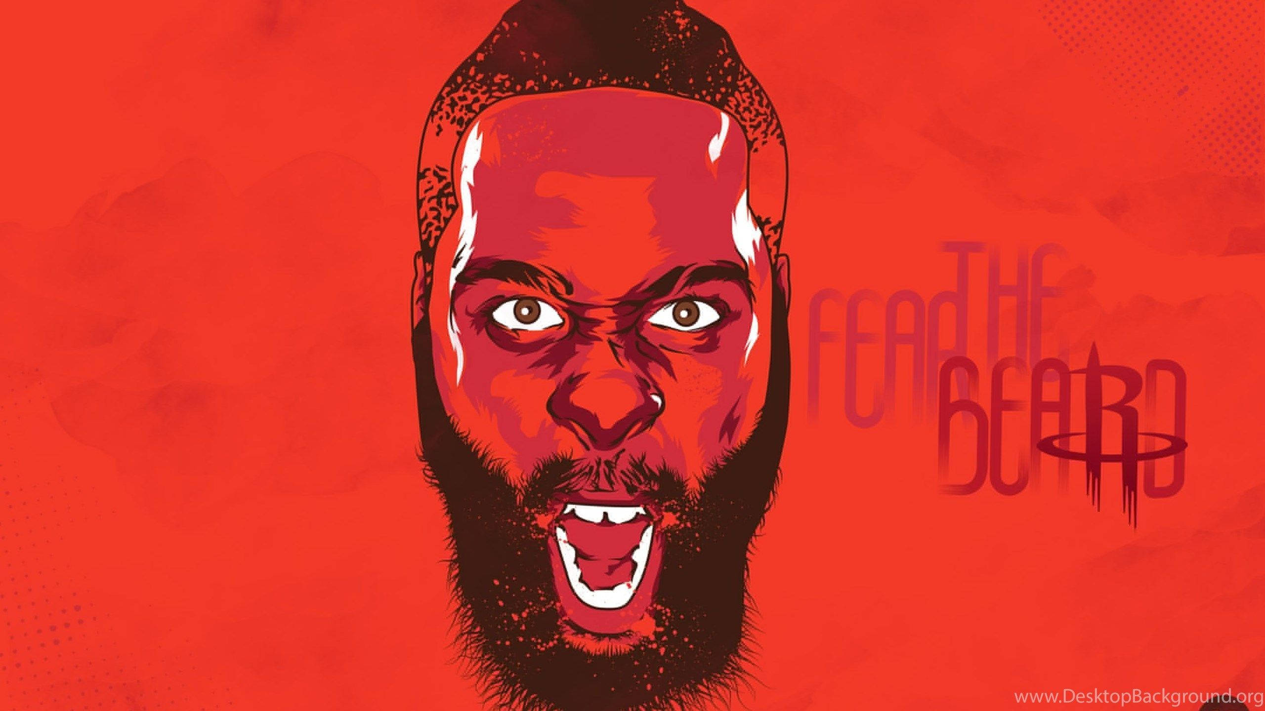 NBA 桌布 壁紙 — 一個風格化的插圖，描繪一個表情兇猛、留鬍子的男人，背景是鮮紅色，帶有「Fear The Beard」文字。
