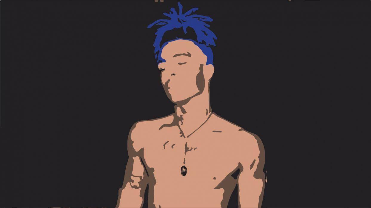 Xxxtentacion Cartoon 桌布 壁紙 — 一個風格化的插圖，描繪一個赤裸上身的男人，擁有鮮豔的藍色頭髮和閉上的眼睛，背景為深色。