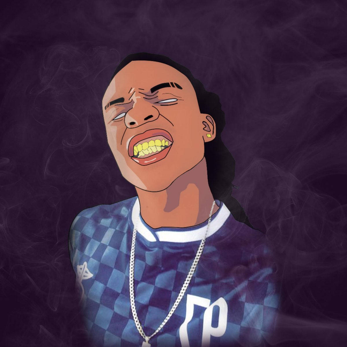Digital Art 桌布 壁紙 — 一個風格化的插圖，描繪一個辮子頭髮的人對著煙霧紫色背景尖叫。