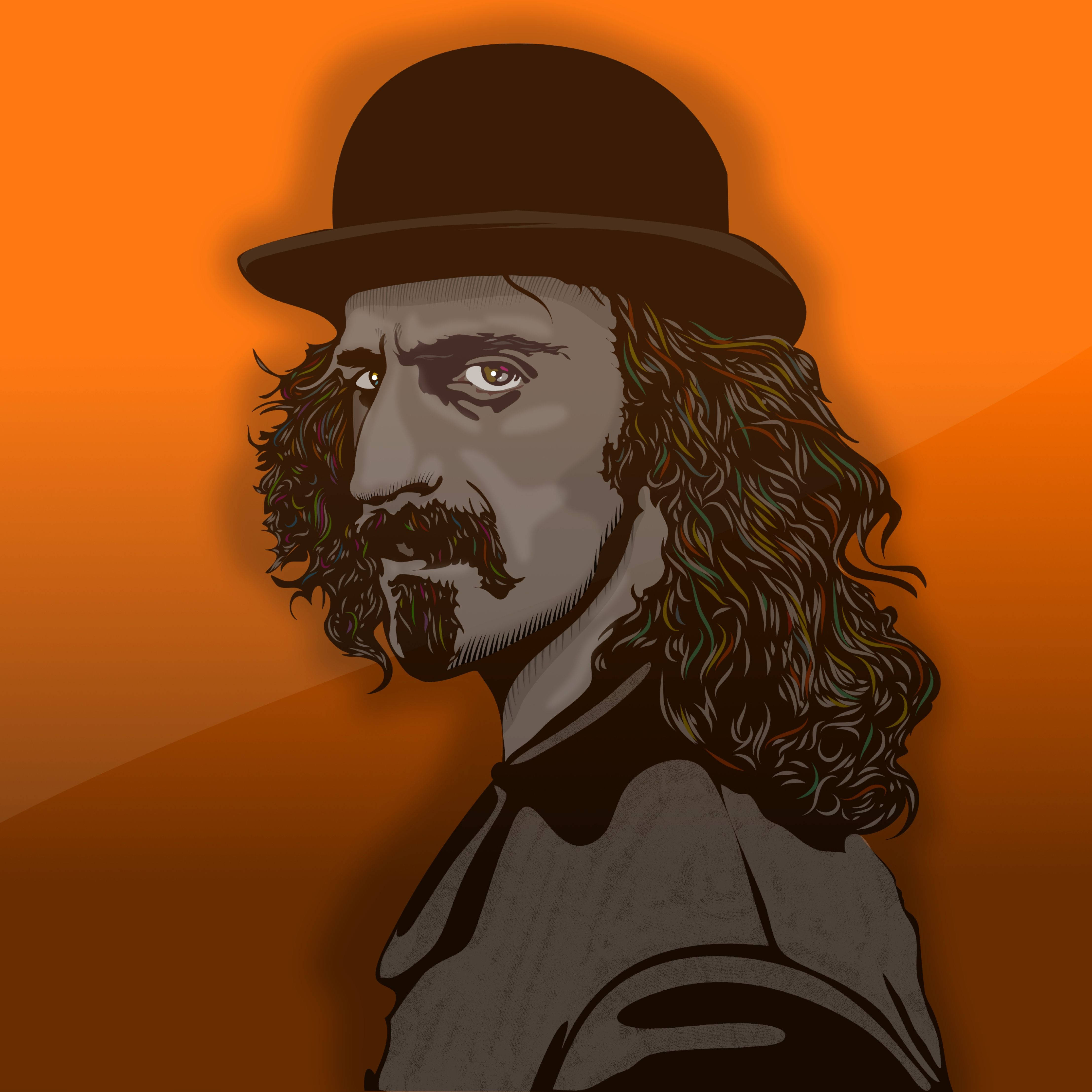 Zappa 桌布 壁紙 — 一個風格化的插圖，描繪一個長捲髮、戴圓頂禮帽的男人，背景是鮮豔的橙色漸變。