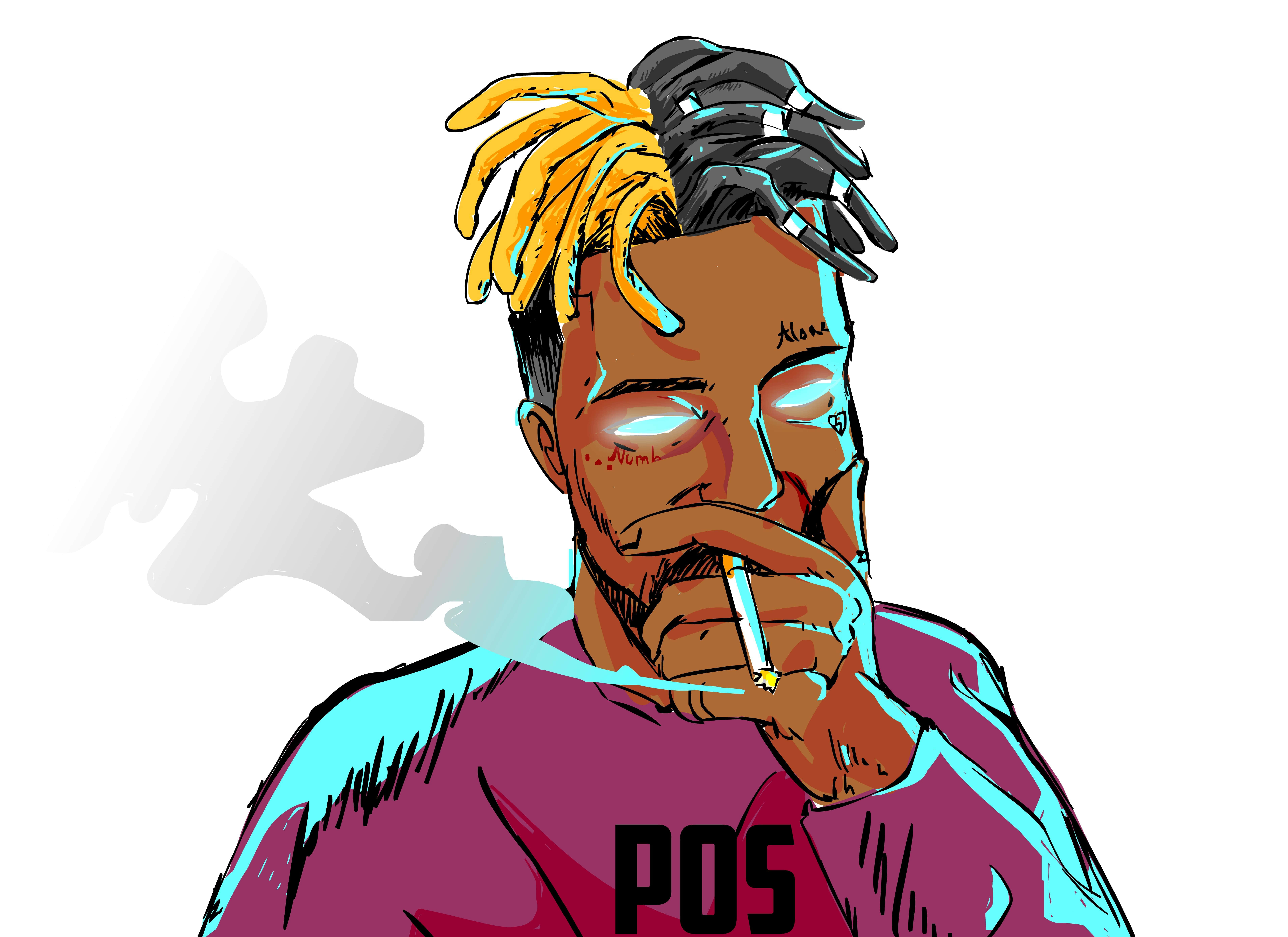 XXXTENTACION 桌布 壁紙 — 一個風格化的插圖，描繪一個頭髮半黃半黑的男子抽煙，煙霧向上繚繞。