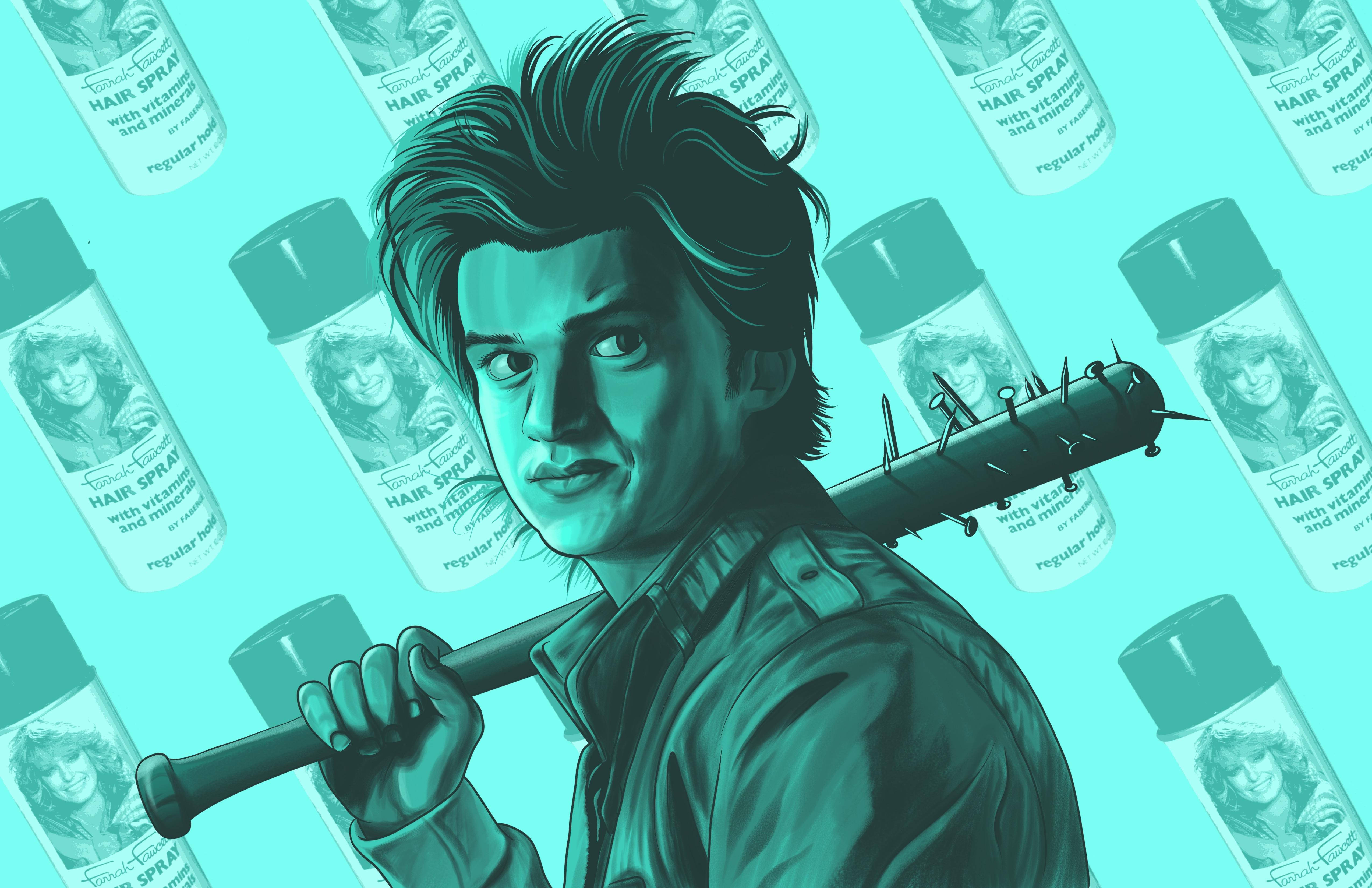 Joe Keery 桌布 壁紙 — 一個風格化的插圖，描繪一個頭髮尖刺的男人拿著帶刺的球棒，背景是重複的噴髮膠罐的青色背景。