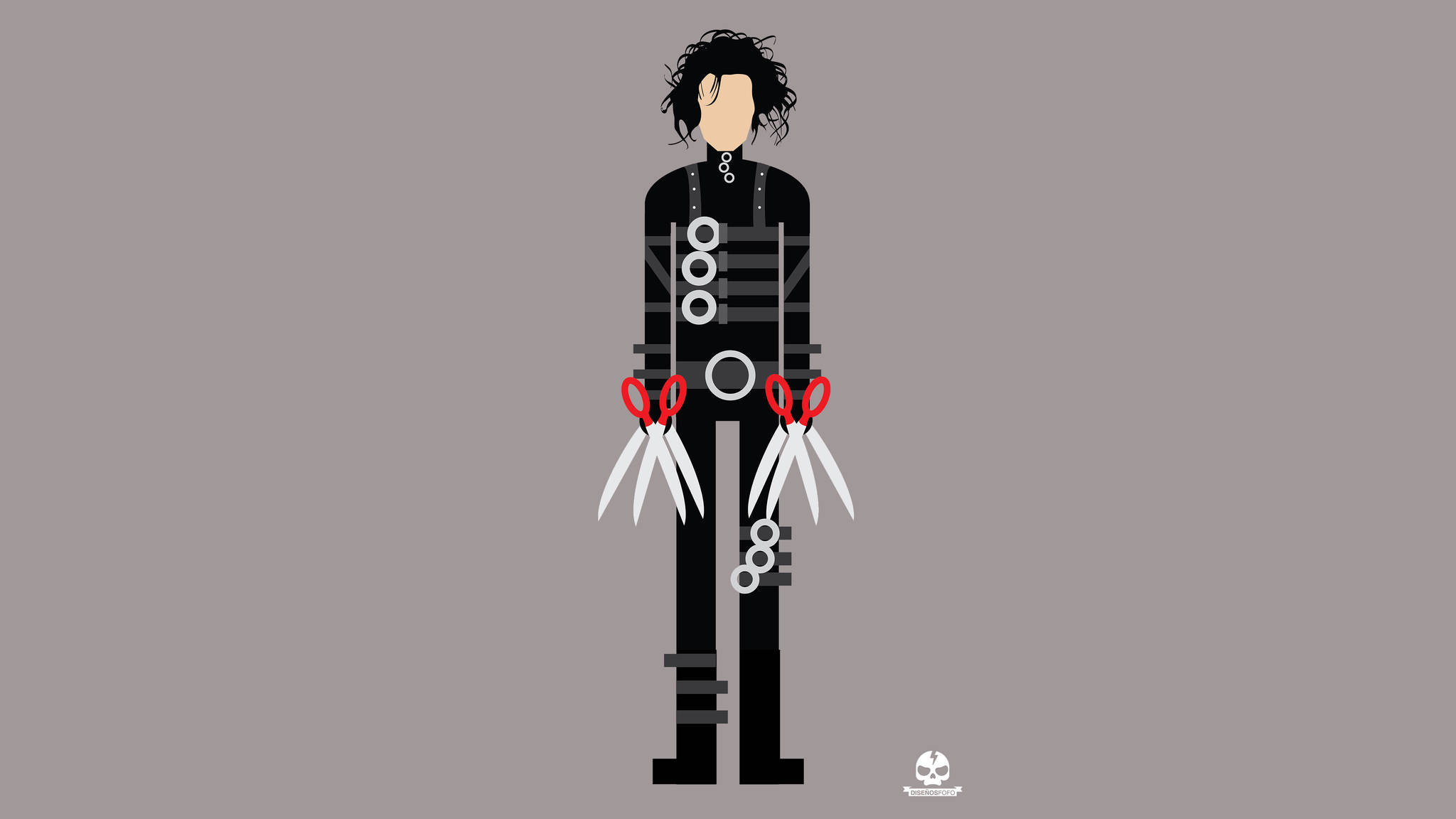 Edward Scissorhands 桌布 壁紙 — 一個風格化的插圖，描繪一個黑髮、雙手為剪刀的人物，背景為柔和的灰色。