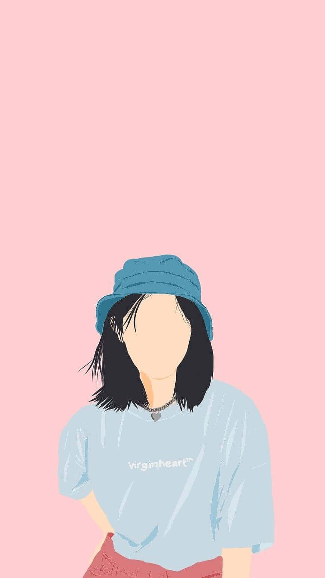 Profile 桌布 壁紙 — 一個風格化的插圖，描繪一個黑髮人物戴著藍色漁夫帽和淺藍色T恤，背景為純粉紅色。