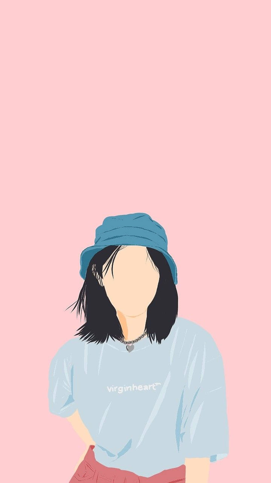Profile 桌布 壁紙 — 一個風格化的插圖，描繪一個黑髮人物戴著藍色漁夫帽和淺藍色T恤，背景為純粉紅色。