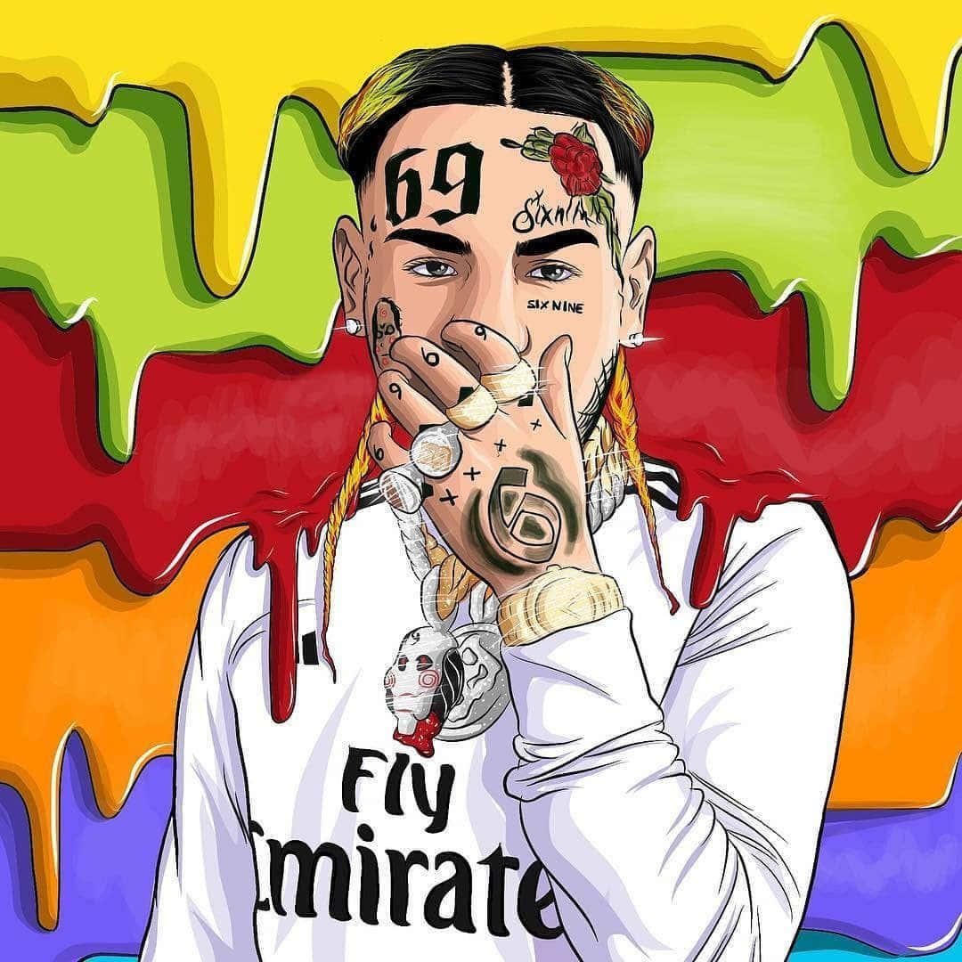 桌布 壁紙 — 一個風格化的插圖，描繪一名刺青男子額頭上有「69」字樣，手掩著嘴巴，背景是滴落的彩虹。