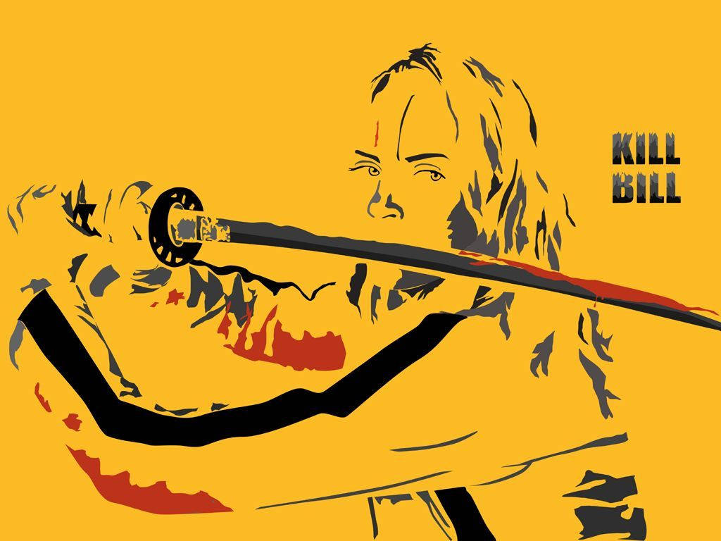 Kill Bill 桌布 壁紙 — 一個風格化的插圖，描繪一名女子手持武士刀，背景為大膽的黃色，帶有紅色血跡和「KILL BILL」文字。